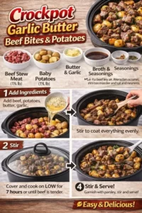 Crockpot garlic butter beef bites served with potatoes