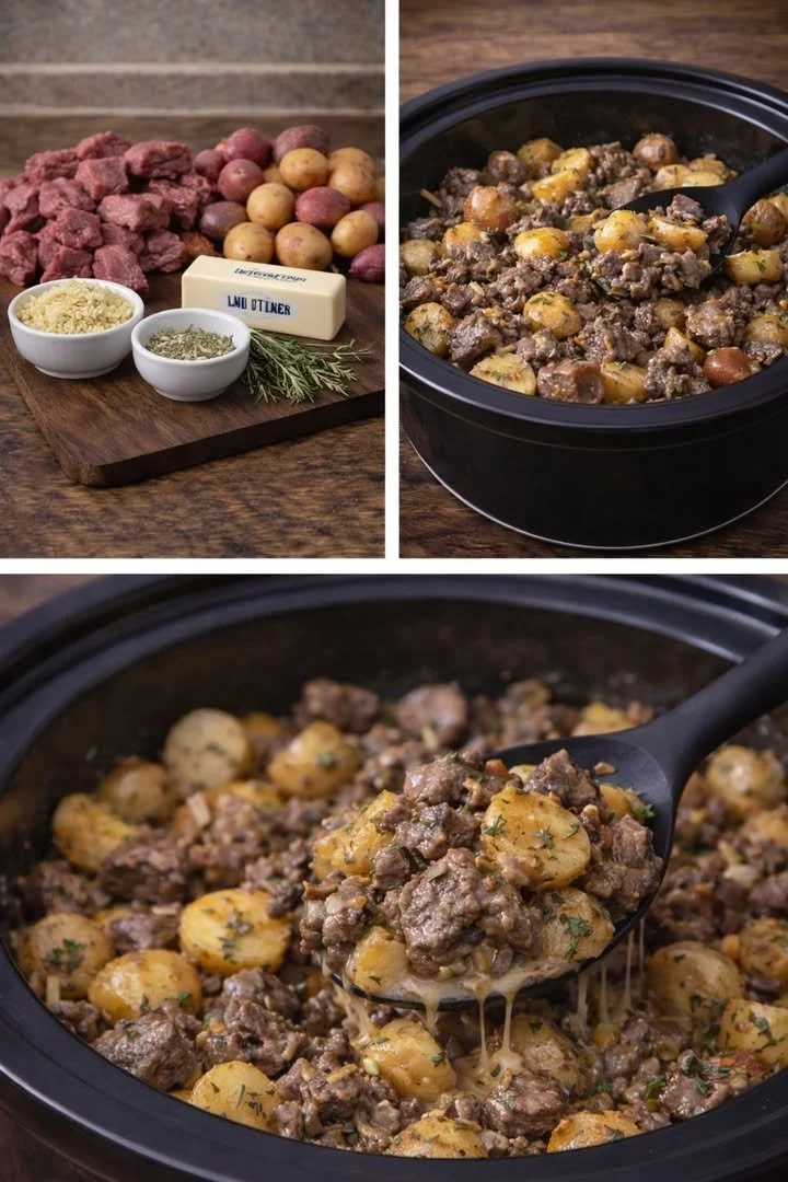 Crockpot Garlic Butter Beef Bites served with tender potatoes