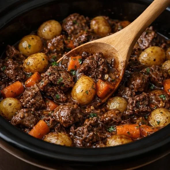 Crockpot garlic butter beef bites served with potatoes