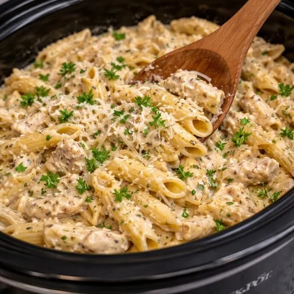 Crockpot Garlic Parmesan Chicken Pasta