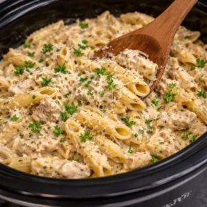 Crockpot Garlic Parmesan Chicken Pasta served in a bowl with herbs.