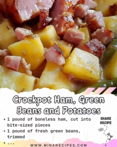 Crockpot Ham served with green beans and potatoes in a warm dish
