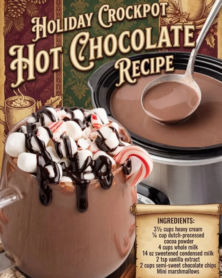Delicious and creamy Crockpot Hot Chocolate served in a festive mug