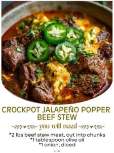 Crockpot Jalapeño Popper Beef Stew garnished with jalapeños and cheese