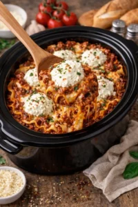 Delicious Crockpot Lasagna with layers of cheese and sauce