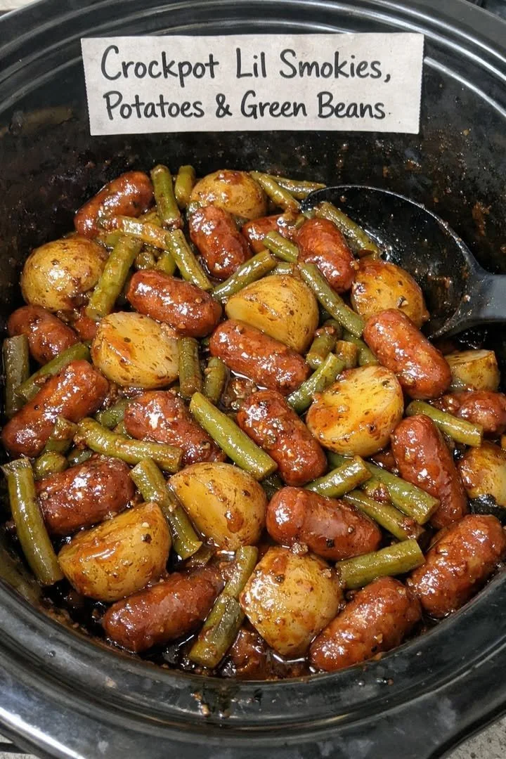 Crockpot Lil Smokies with potatoes and green beans in a slow cooker