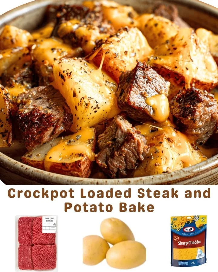 Crockpot Loaded Steak and Potato Bake with tender steak and creamy potatoes