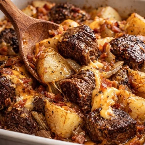 Crockpot Loaded Steak and Potato Bake with melted cheese and herbs