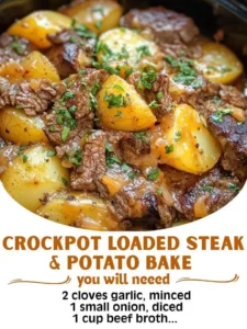 Crockpot Loaded Steak & Potato Bake with tender steak and creamy layered potatoes