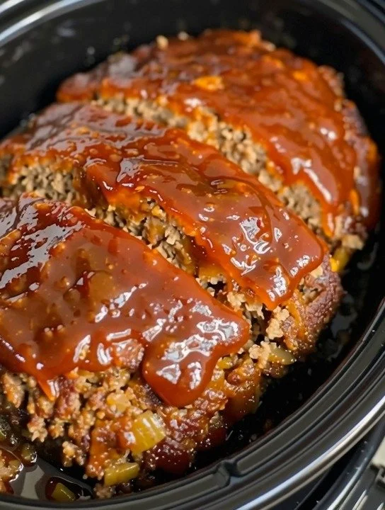 Delicious Crockpot Meatloaf ready to serve with vegetables and sauce.