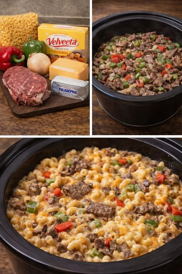 Crockpot Philly Cheesesteak Mac and Cheese served in a bowl.
