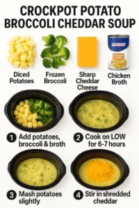 Creamy crockpot potato broccoli cheddar soup garnished with fresh herbs.