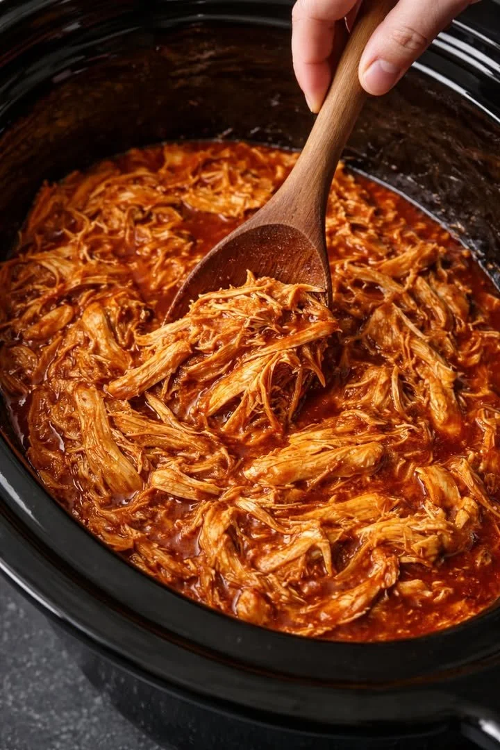 Crockpot Pulled BBQ Chicken served in a bowl with sauce and garnish