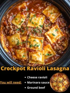 Delicious crockpot ravioli lasagna served in a bowl with melted cheese