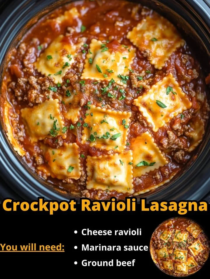 Delicious crockpot ravioli lasagna served in a bowl with melted cheese