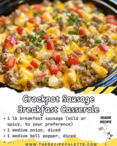 Crockpot Sausage Breakfast Casserole ready to serve with eggs and sausage