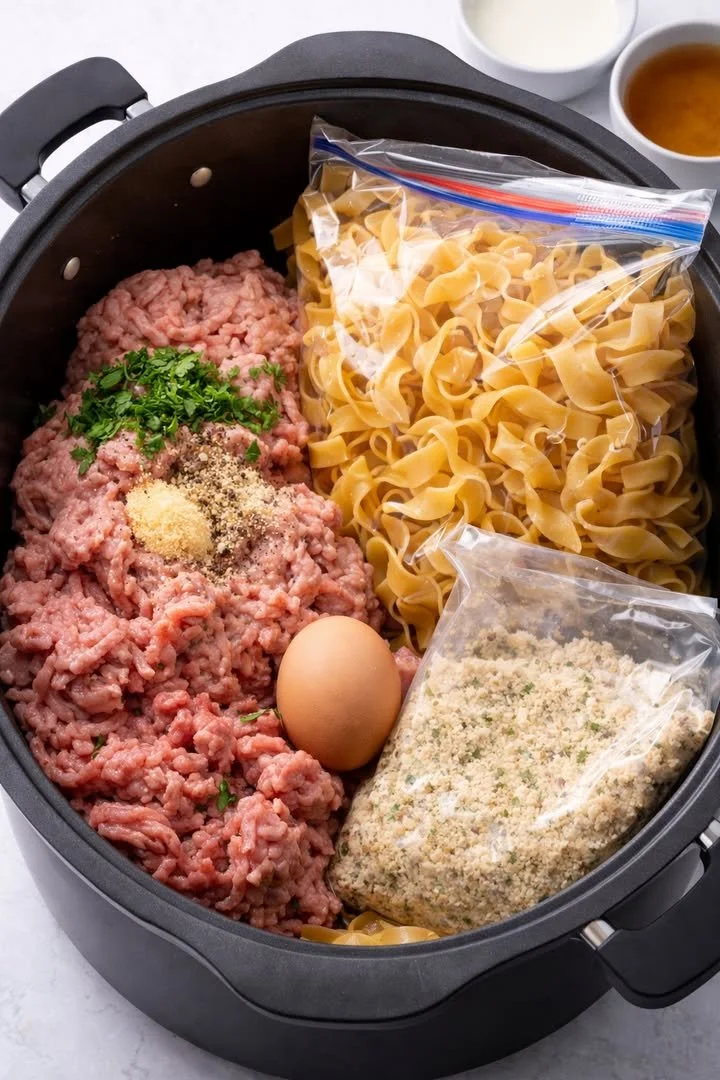 Crockpot Swedish Meatball Pasta dish served in a bowl with herbs on top