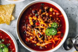Bowl of delicious Crockpot Taco Soup with fresh toppings