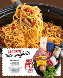 A hearty plate of Crockpot Taco Spaghetti topped with fresh herbs