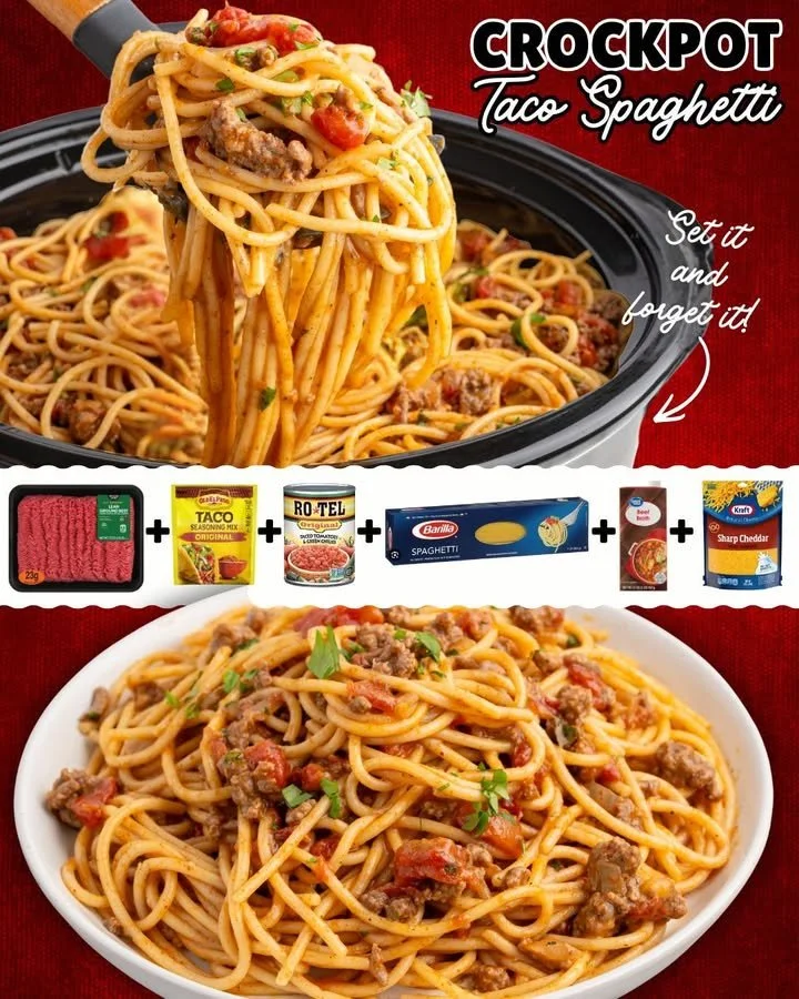 Crockpot Taco Spaghetti in a bowl with toppings