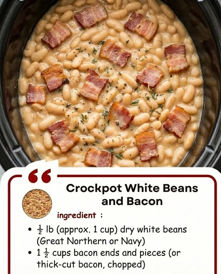 Crockpot white beans and bacon recipe dish served in a bowl
