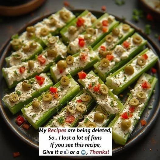 Delicious olive-stuffed celery sticks filled with zesty cheese, perfect for appetizers