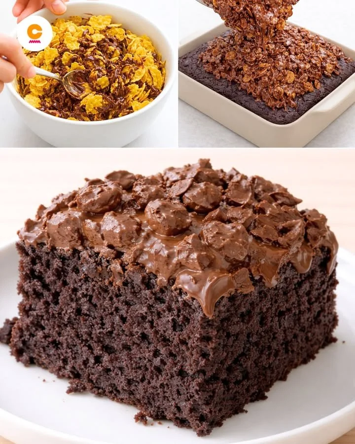 Delicious crunchy chocolate layer cake with rich frosting and layers