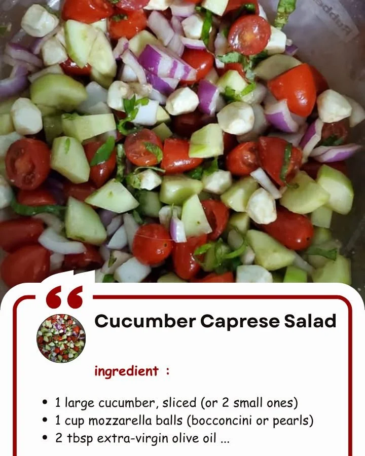Delicious Cucumber Caprese Salad with mozzarella and basil on a plate