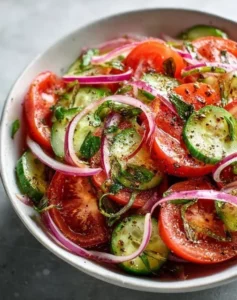 Colorful Cucumber Tomato Salad with fresh herbs and vinaigrette dressing