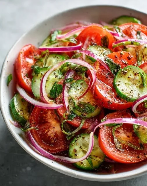 Colorful Cucumber Tomato Salad with fresh herbs and vinaigrette dressing