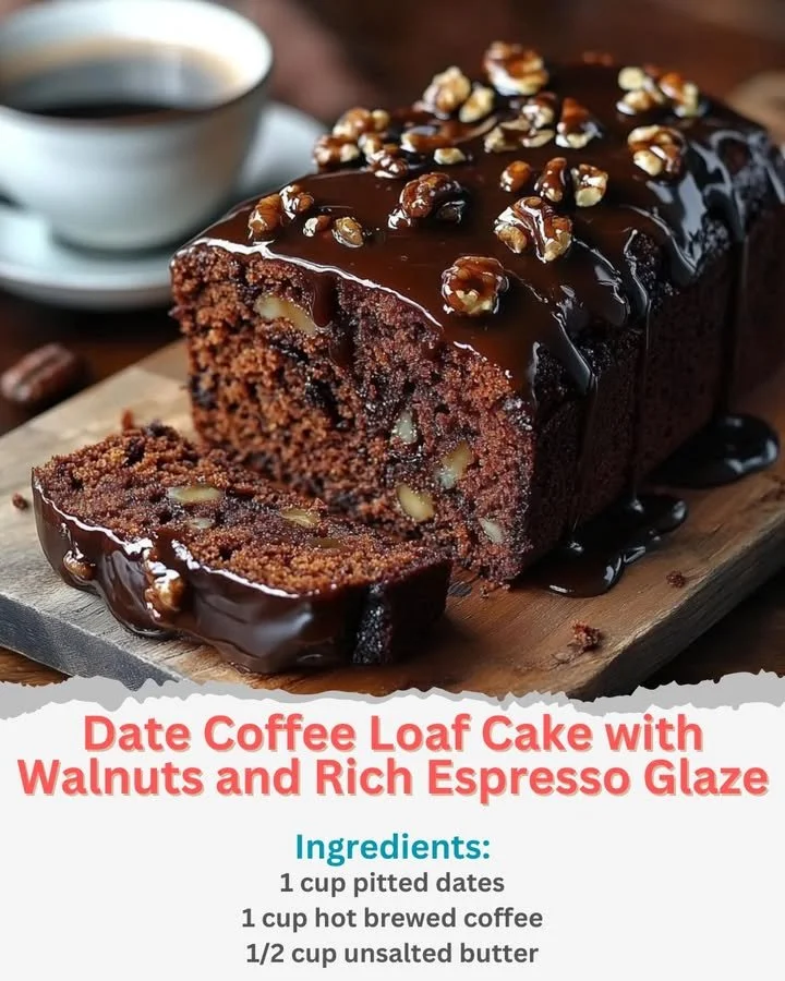 Slice of Date Coffee Loaf Cake topped with walnut pieces and espresso glaze