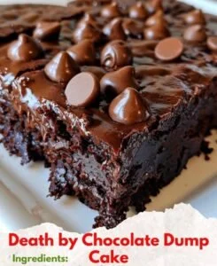 Death by Chocolate Dump Cake topped with chocolate ganache and sprinkles