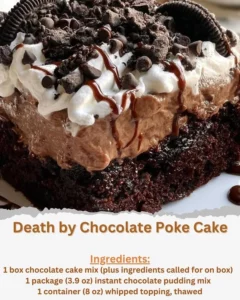 Delicious Death by Chocolate Poke Cake topped with chocolate frosting and sprinkles.