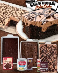 Delicious Death By Chocolate Poke Cake with rich chocolate layers