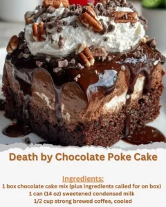 Death by Chocolate Poke Cake topped with chocolate ganache and chocolate shavings