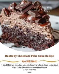 Decadent Death by Chocolate Poke Cake topped with chocolate drizzles.