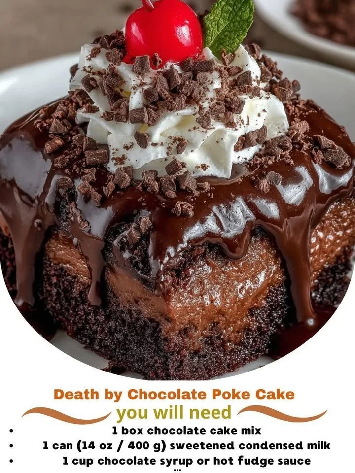 Death by Chocolate Poke Cake topped with chocolate drizzle and sprinkles.