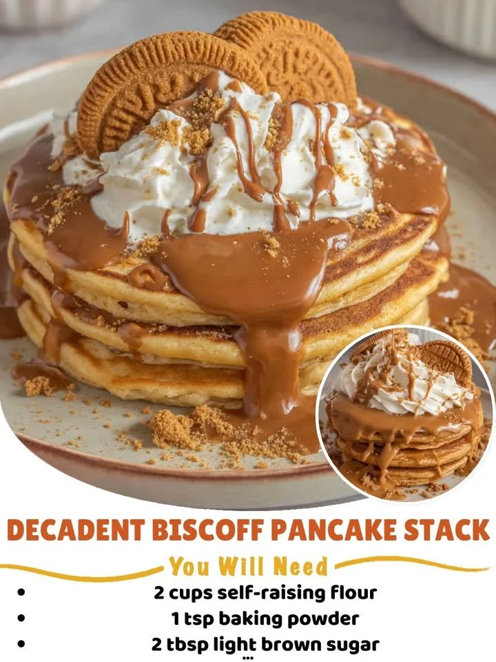 Decadent Biscoff pancake stack topped with syrup and cookies