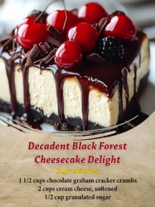 Delicious Black Forest Cheesecake with chocolate layers and cherries topping