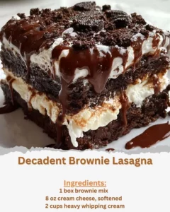 Deliciously layered brownie lasagna dessert with chocolate and creamy filling