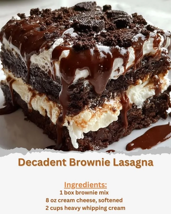 Deliciously layered brownie lasagna dessert with chocolate and creamy filling