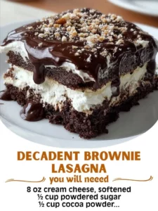 Decadent brownie lasagna dessert layered with chocolate and creamy filling