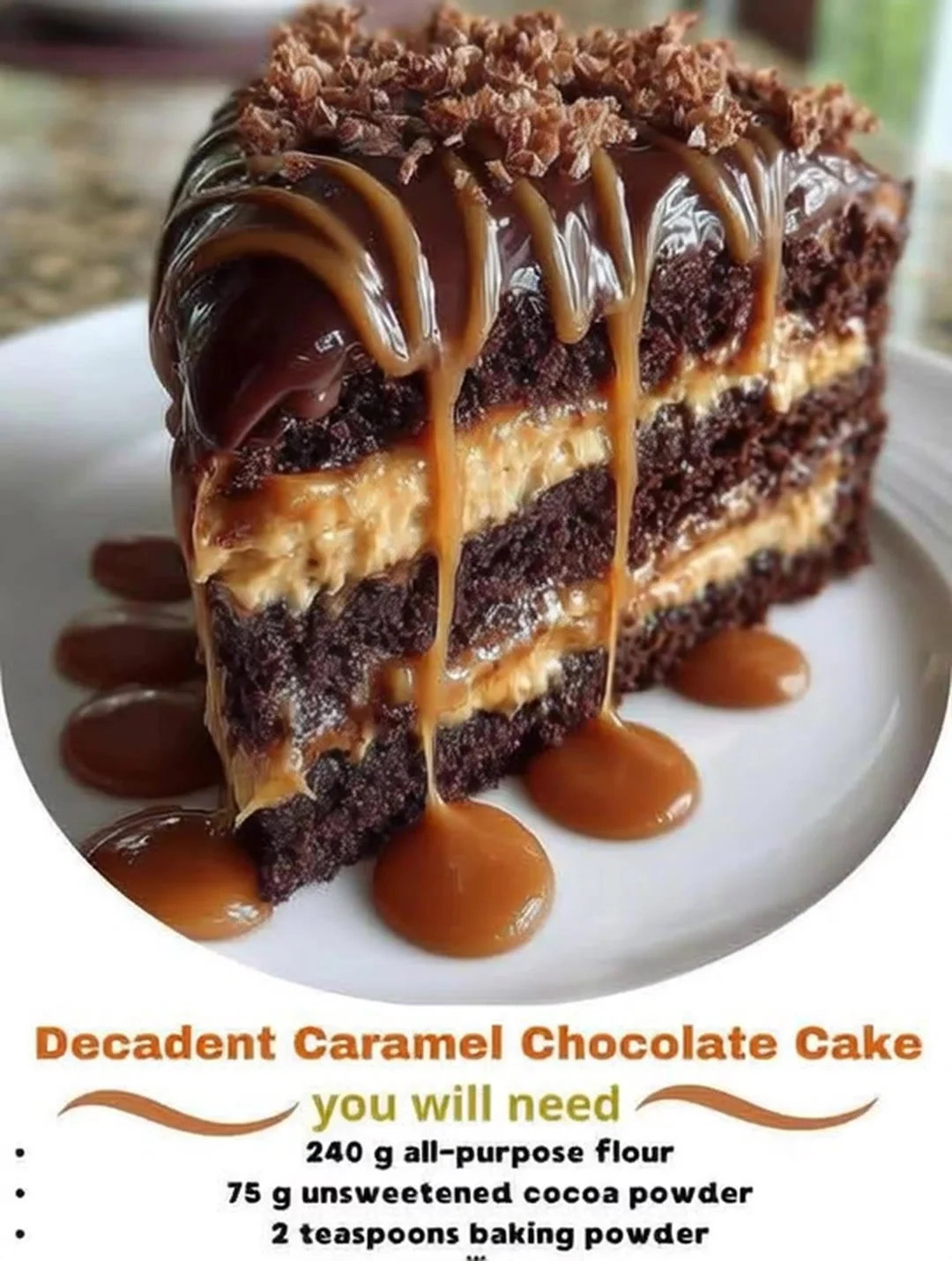 Decadent caramel chocolate cake topped with rich ganache and caramel drizzle