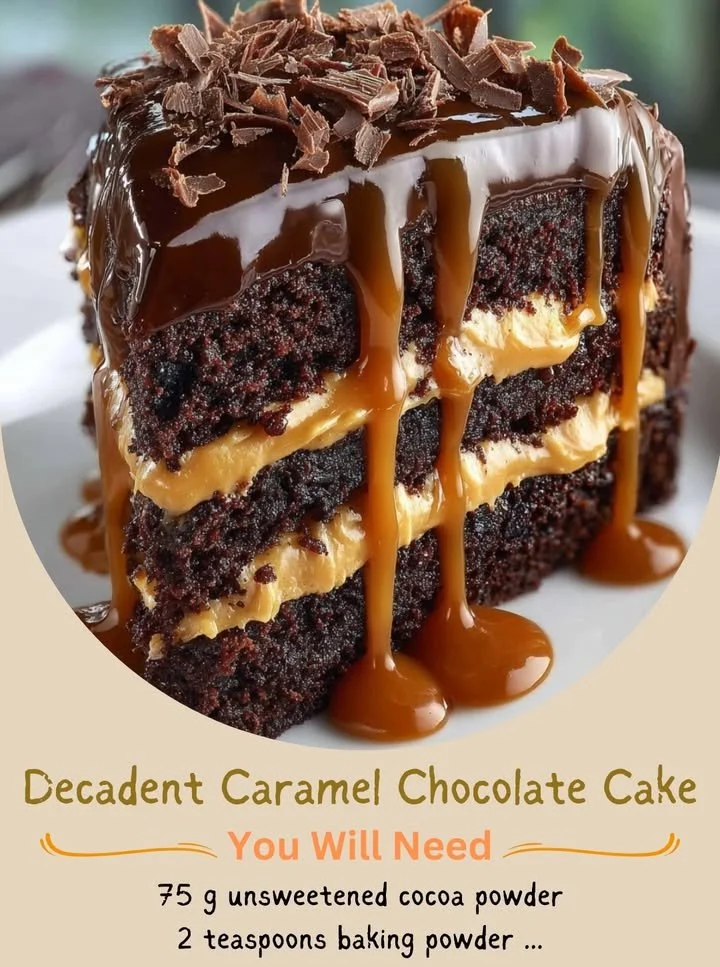 Decadent caramel chocolate cake with rich layers and a glossy finish