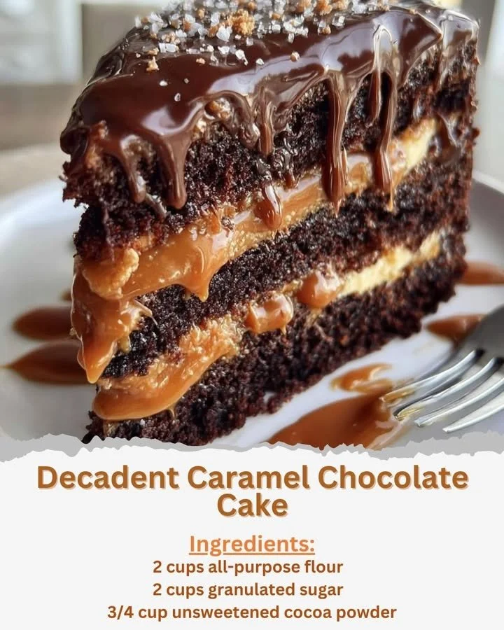 Decadent Caramel Chocolate Cake topped with caramel drizzle and chocolate shavings
