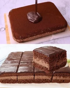 Decadent chocolate cake with creamy filling and ganache topping