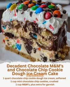 Decadent chocolate ice cream cake with M&M’s and cookie dough toppings