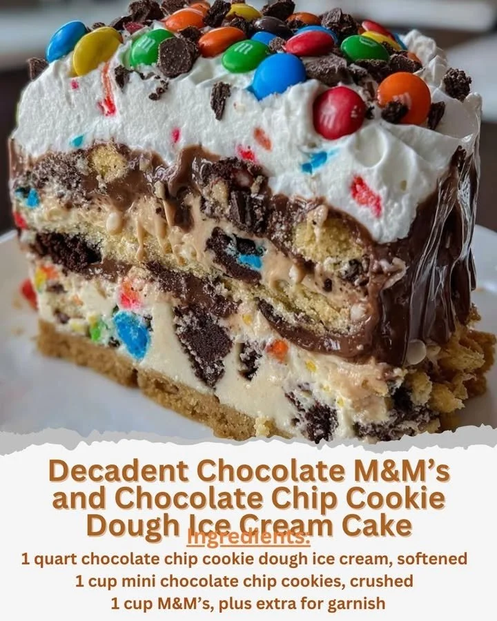 Decadent chocolate ice cream cake with M&M’s and cookie dough toppings