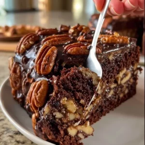 Decadent Chocolate Pecan Cake topped with nuts and drizzled chocolate