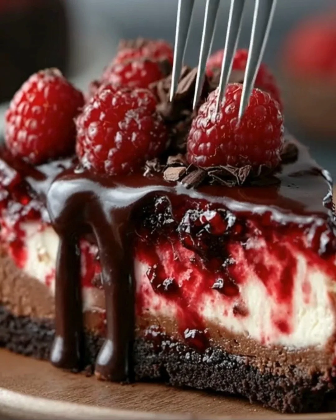 Decadent dark chocolate raspberry cheesecake topped with fresh raspberries